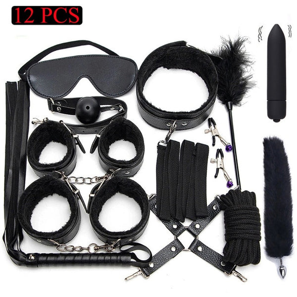 Sexy Leather BDSM Kits Plush Sex Bondage Set Handcuffs Sex Games