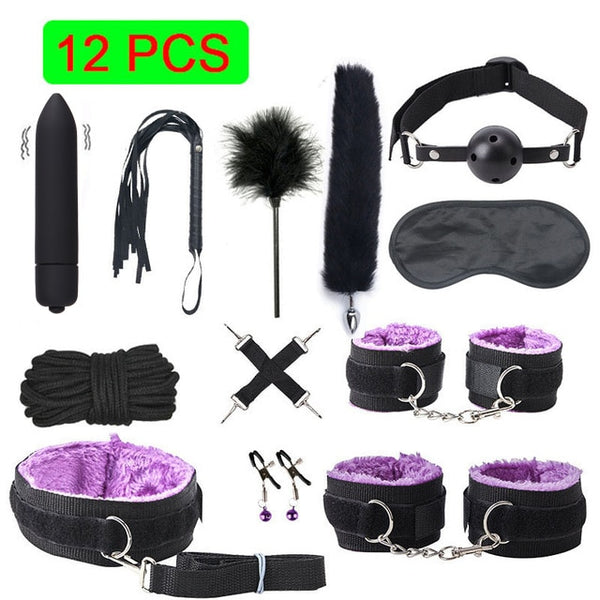 Sexy Leather BDSM Kits Plush Sex Bondage Set Handcuffs Sex Games