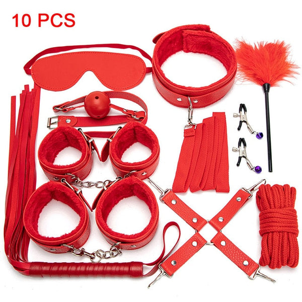 Sexy Leather BDSM Kits Plush Sex Bondage Set Handcuffs Sex Games