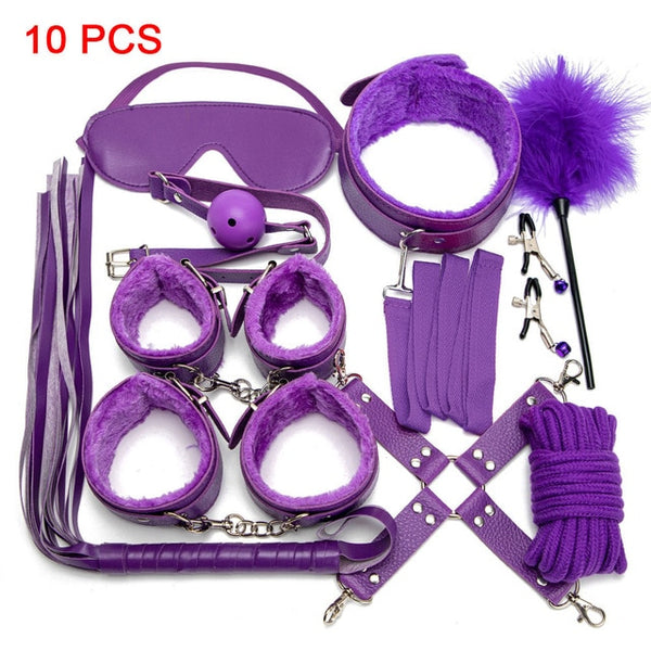 Sexy Leather BDSM Kits Plush Sex Bondage Set Handcuffs Sex Games