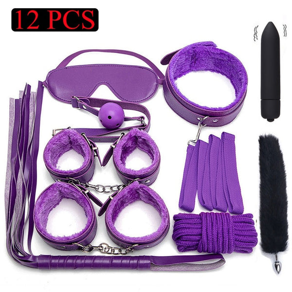 Sexy Leather BDSM Kits Plush Sex Bondage Set Handcuffs Sex Games