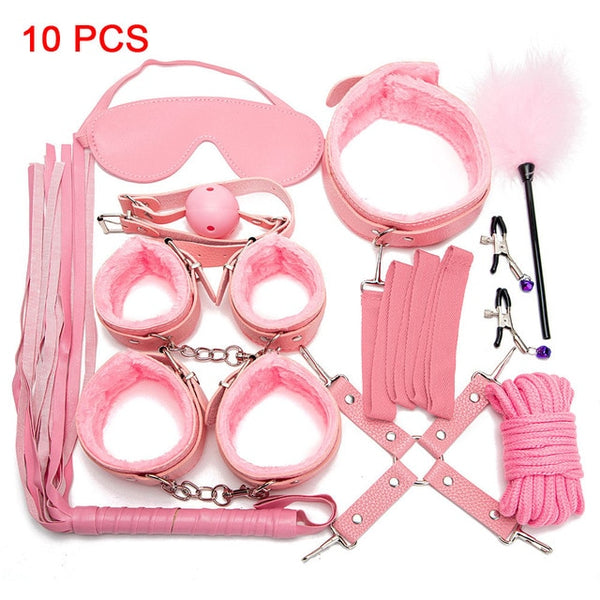 Sexy Leather BDSM Kits Plush Sex Bondage Set Handcuffs Sex Games