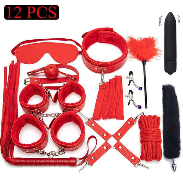 Sexy Leather BDSM Kits Plush Sex Bondage Set Handcuffs Sex Games