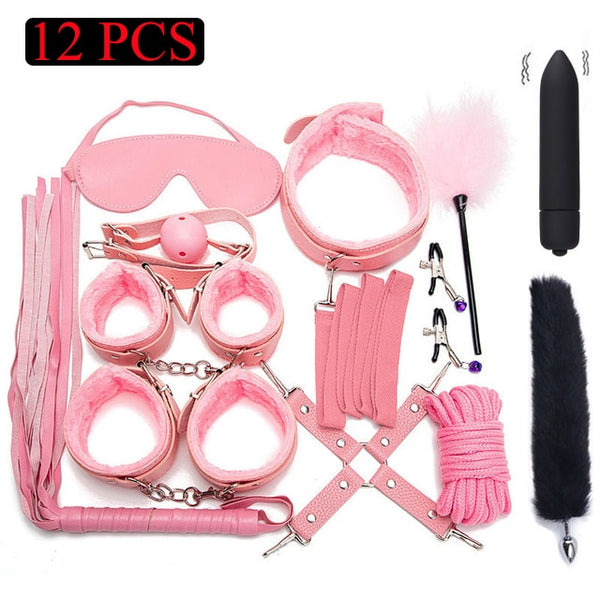 Sexy Leather BDSM Kits Plush Sex Bondage Set Handcuffs Sex Games