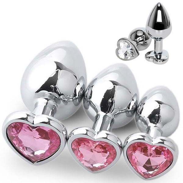 3 Size Anal Plug Heart Stainless Steel Crystal Anal Plug Removable